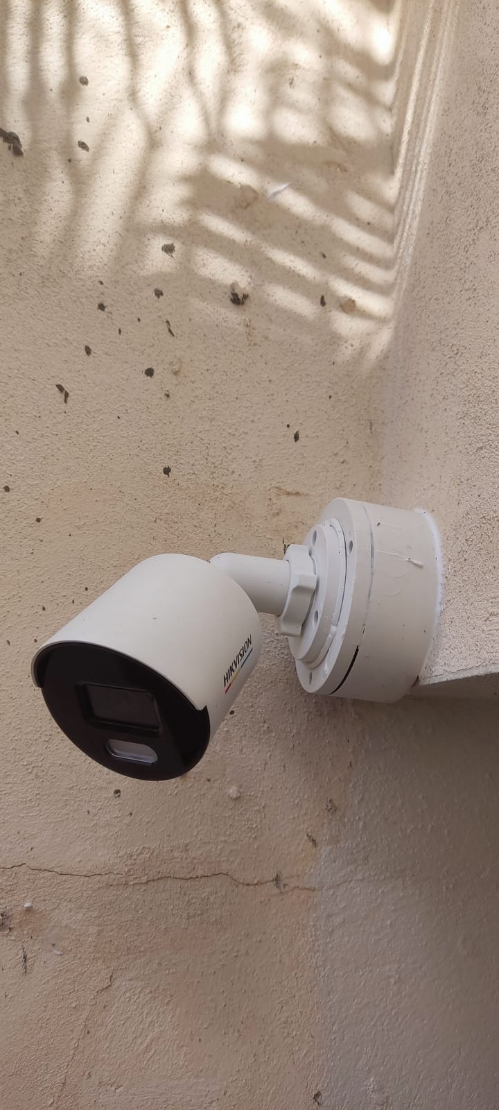 Cámara bala Hikvision ColorVu montada en muro exterior con sombra de palmera