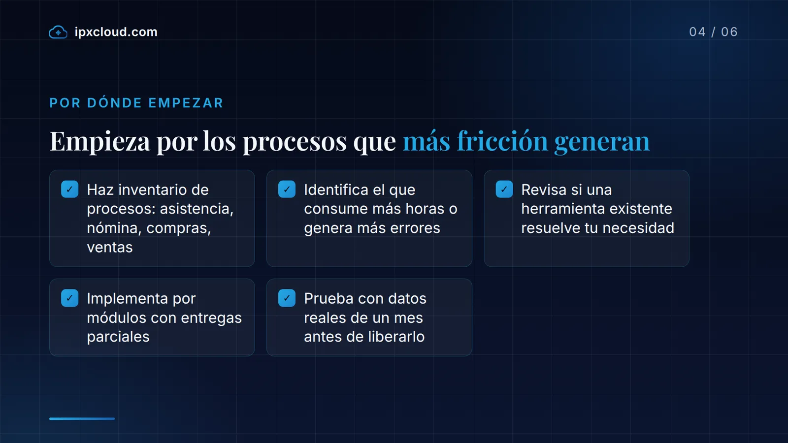 Empieza por los procesos que más fricción generan: Haz inventario de procesos: asistencia, nómina, compras, ventas; Identifica el que consume más horas o genera más errores
