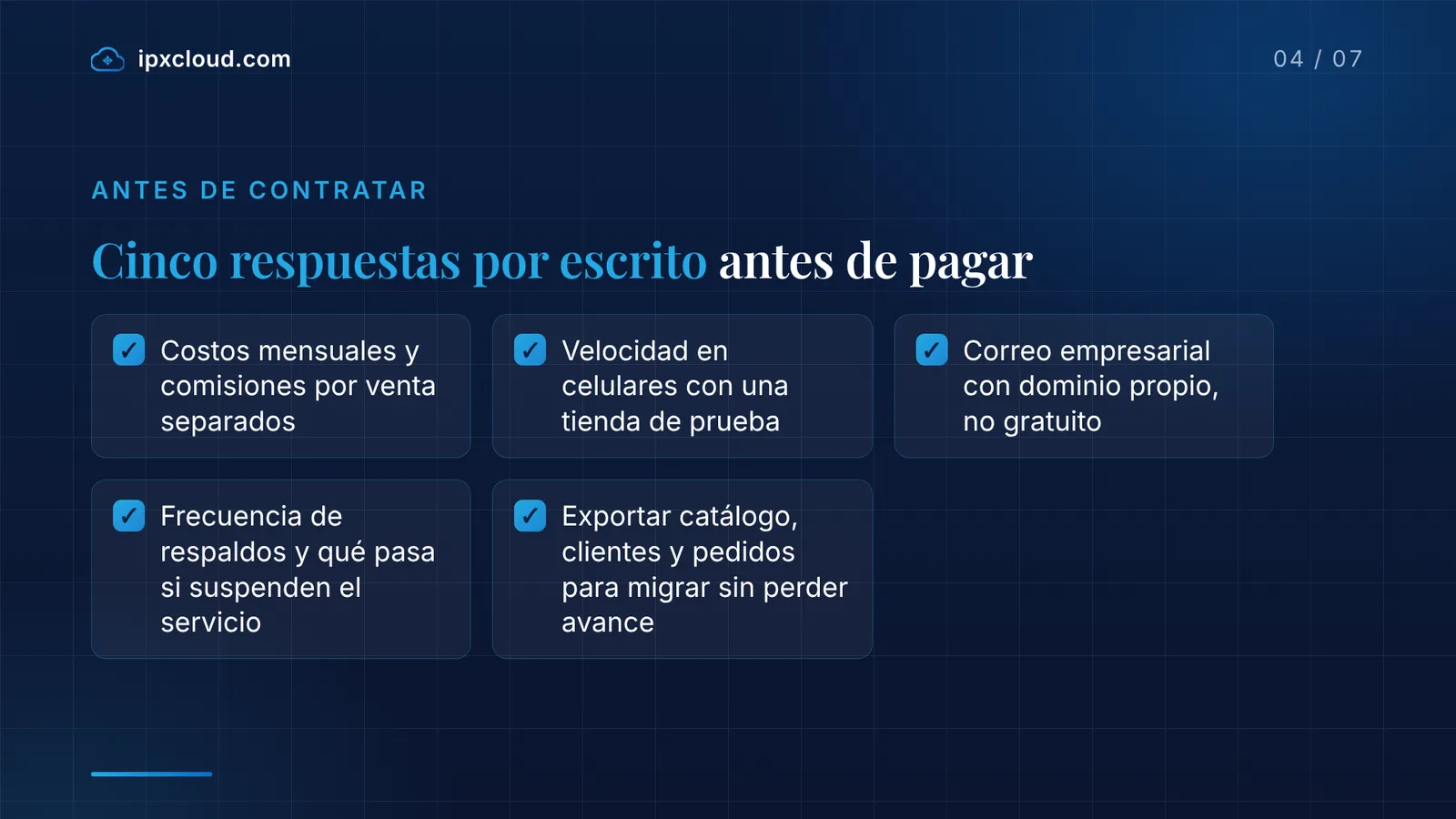 Cinco respuestas por escrito antes de pagar: Costos mensuales y comisiones por venta separados; Velocidad en celulares con una tienda de prueba; Correo empresarial con dominio propio, no gratuito